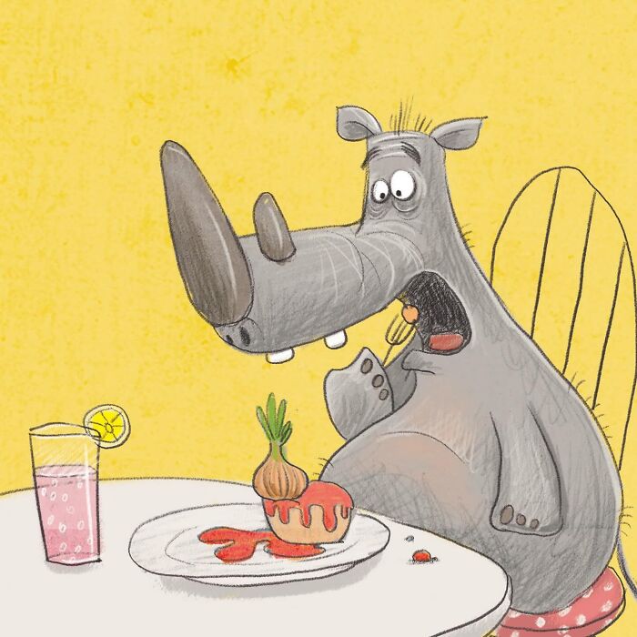 Lovable illustrated character of a rhinoceros eating at a table, created by the artist.