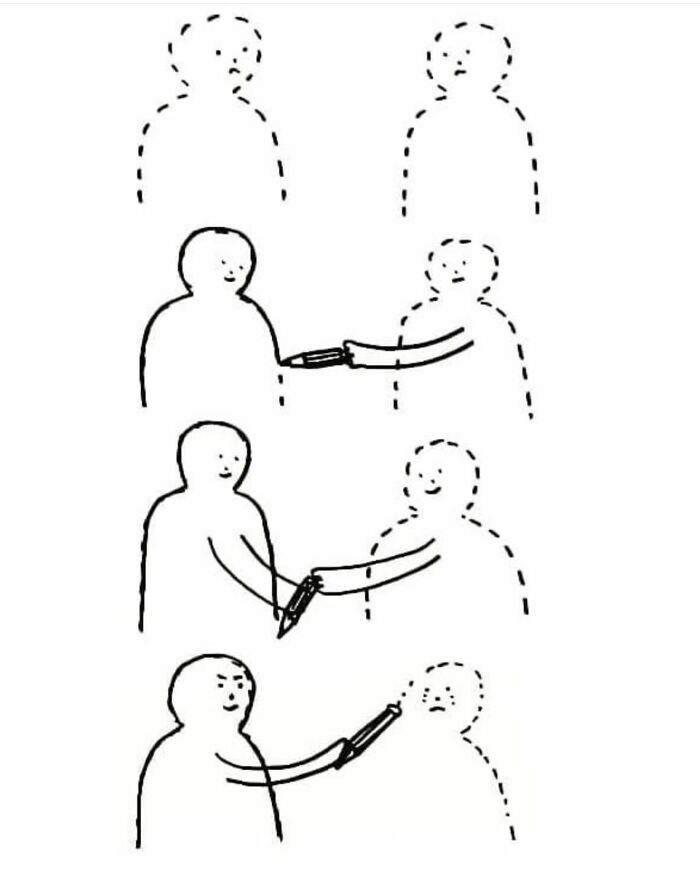 A light-hearted illustration with a person drawing details onto a dotted outline, making them smile, full of silly wordplay.