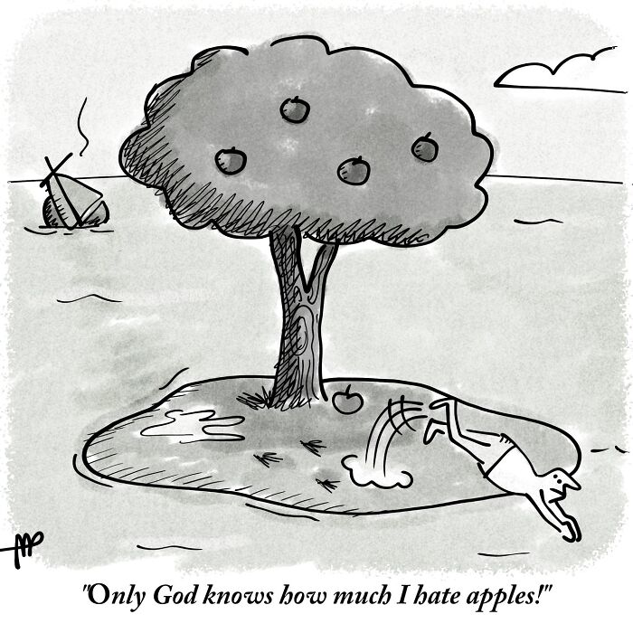 Witty single-panel comic: Man falling off a small island with an apple tree, saying he hates apples.