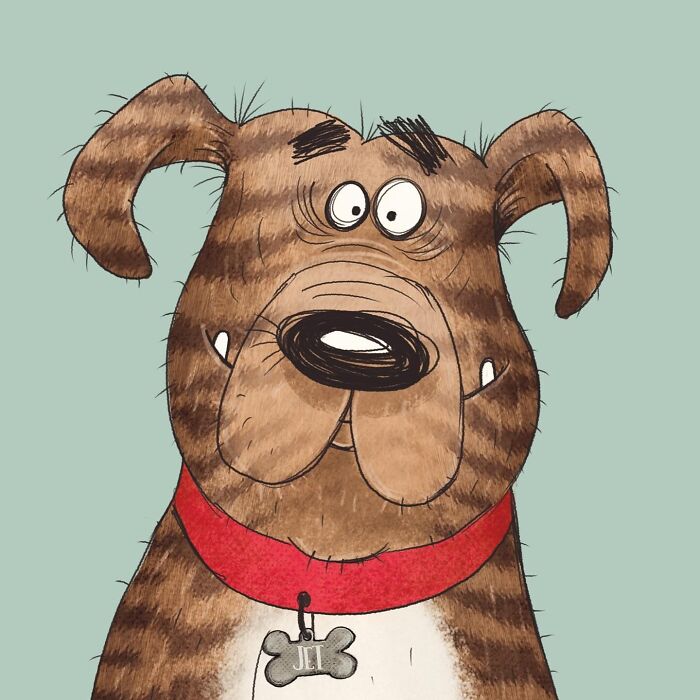 Illustrated character of a lovable dog wearing a red collar and bone tag, drawn by the artist.