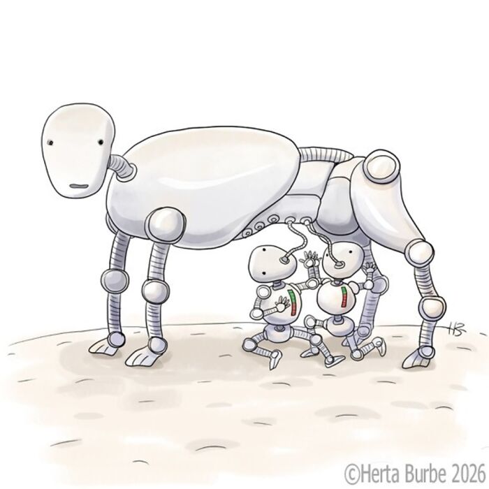 Herta Burbė comics and illustrations: a large robot sheep with two small robot lambs.