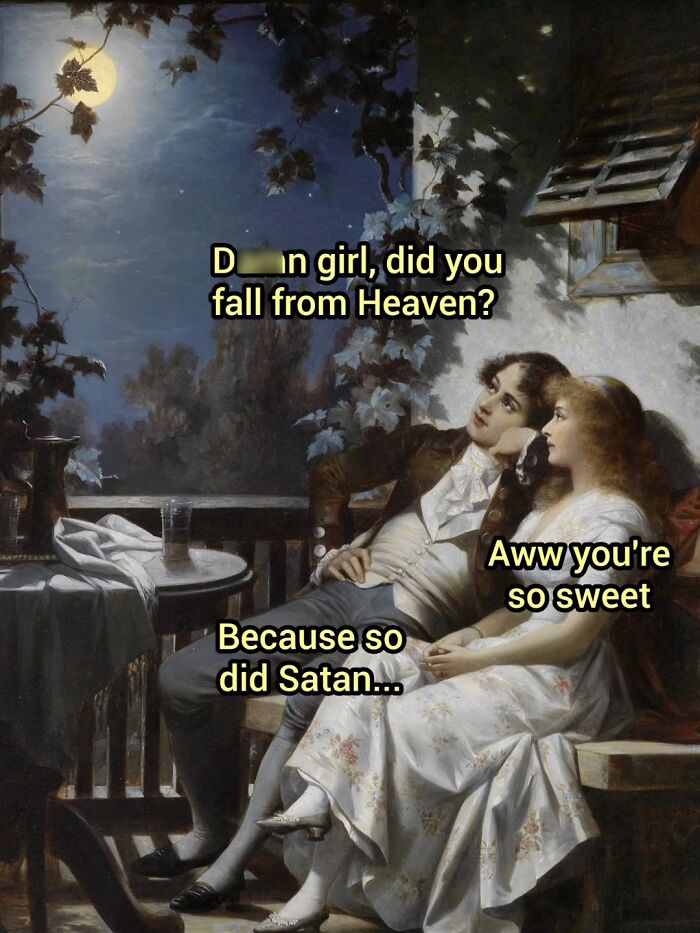 Classic painting turned into modern-day comedy art meme about falling from Heaven.