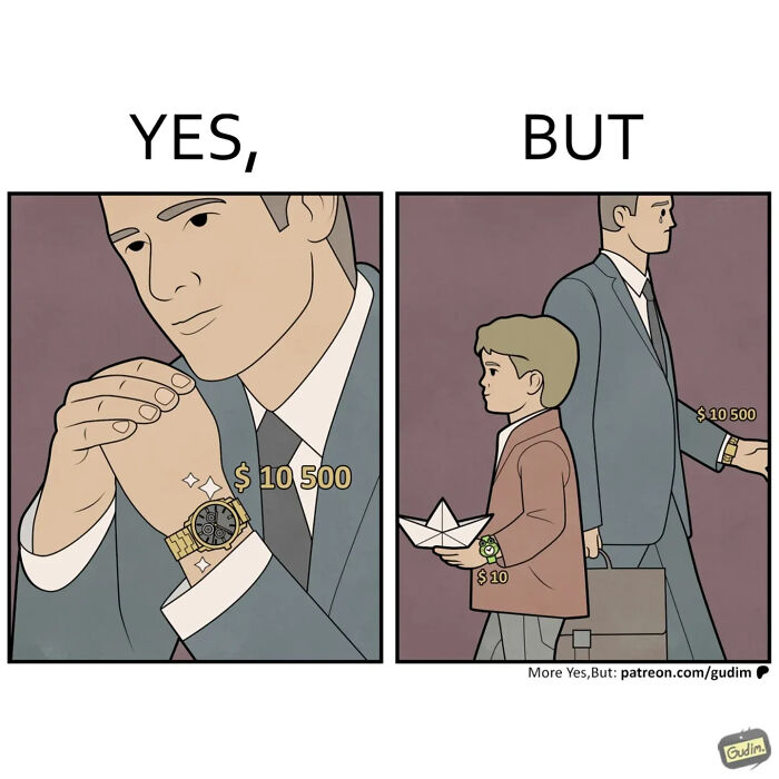 Yes, But comics: A wealthy man shows off his expensive watch, while a child with a paper watch walks by.