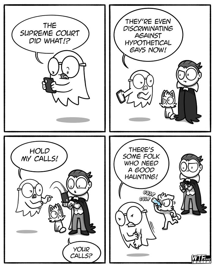A WTFramecomics comic showing a ghost reacting to Supreme Court news, calling for a haunting of those discriminating against hypothetical gays.
