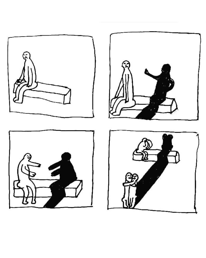 A series of light-hearted illustrations showing a person on a bench with their shadow, depicting comical puns.