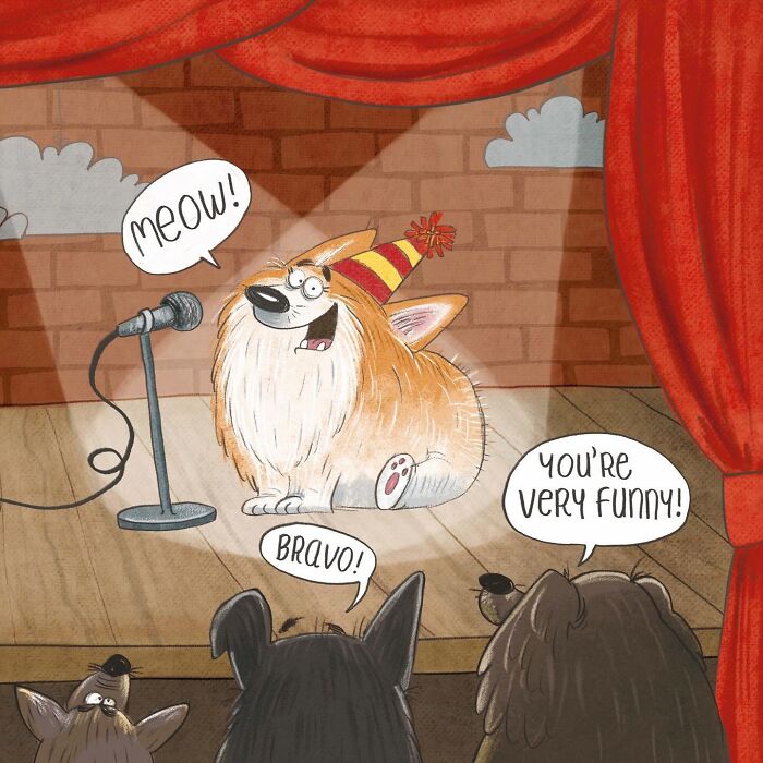 Illustrated character of a corgi performing stand-up comedy on stage for an audience of lovable animals.