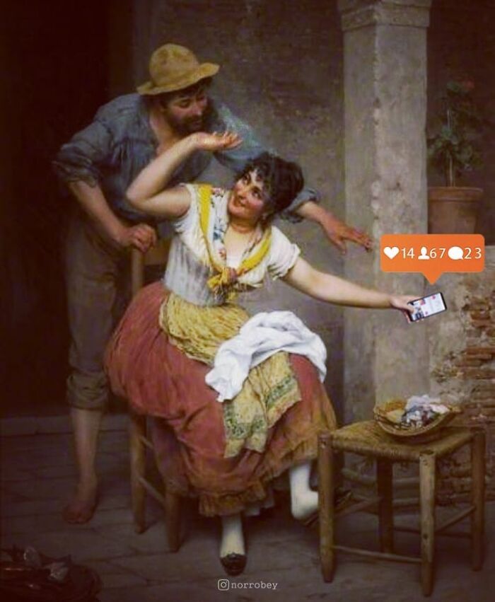 Digital artist blends famous movies with classical art, depicting a woman holding a phone with an Instagram overlay.