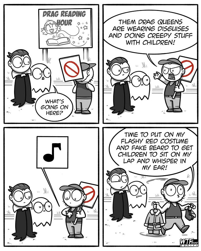 WTFramecomics: characters protesting a drag reading hour while defending Santa Claus, a comic on understanding the world.