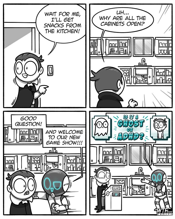 WTFramecomics: a man discovering open kitchen cabinets, pondering if it's a ghost or ADHD, a comic about understanding the world.