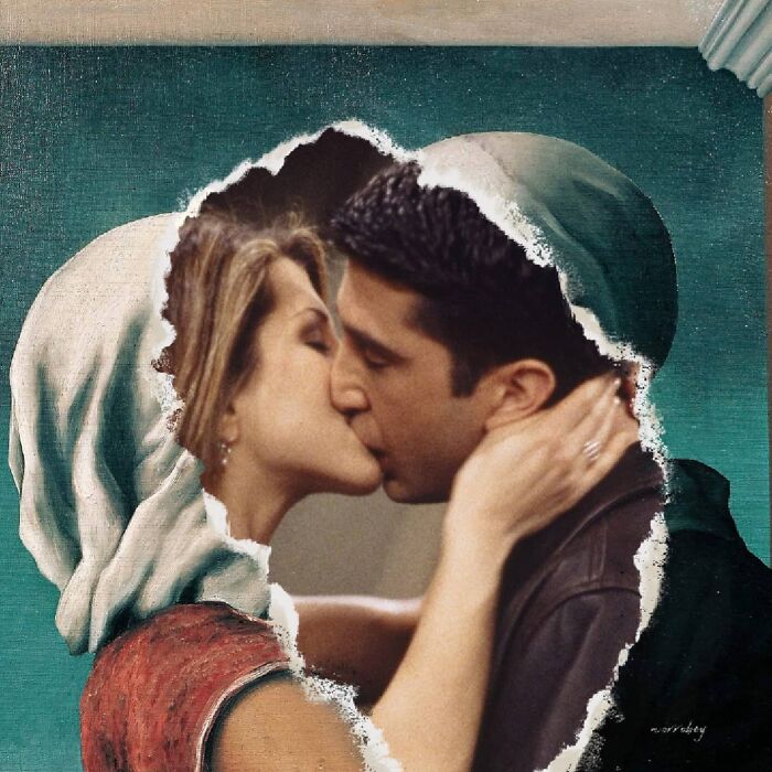 Digital artist blends famous movies and classical art, with a torn painting revealing a kissing couple from Friends.