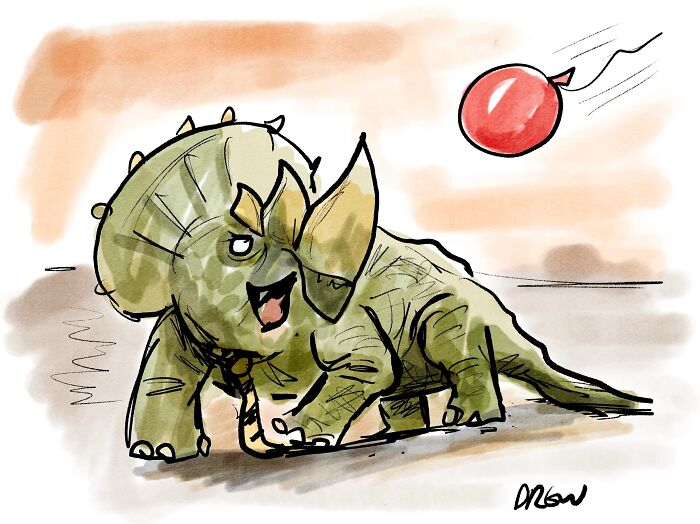 A surprisingly clever single-panel comic of a happy triceratops chasing a red balloon.