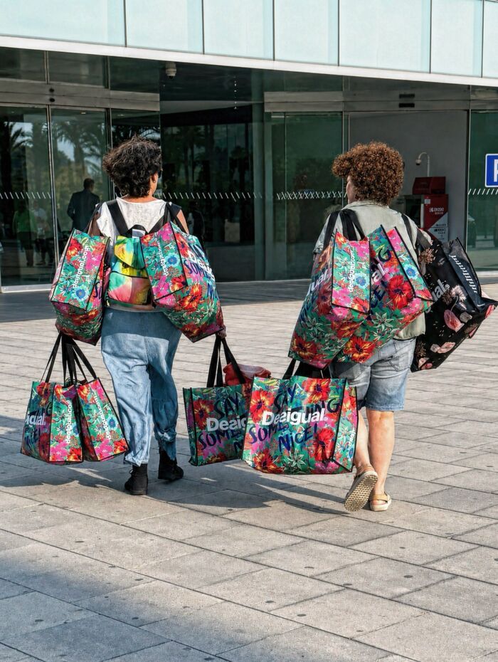 Photographer captures a perfectly timed coincidence of two women with matching floral shopping bags in Barcelona.