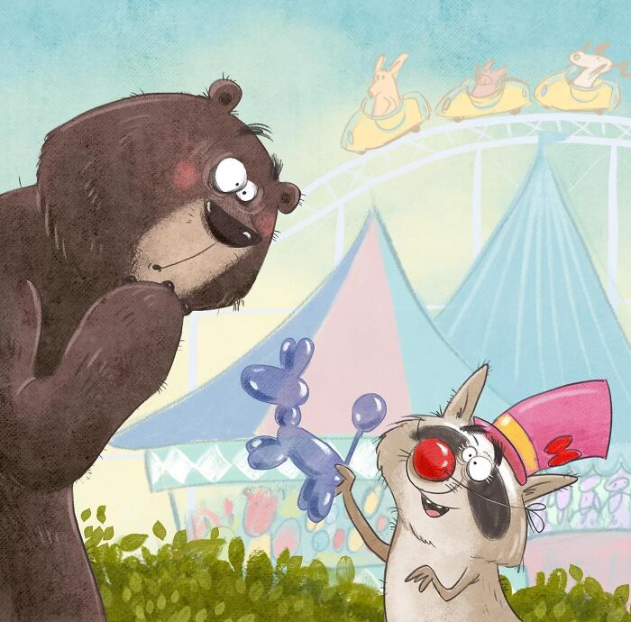 Lovable illustrated animals at a carnival, a bear watching a raccoon holding a balloon animal, artist's characters.