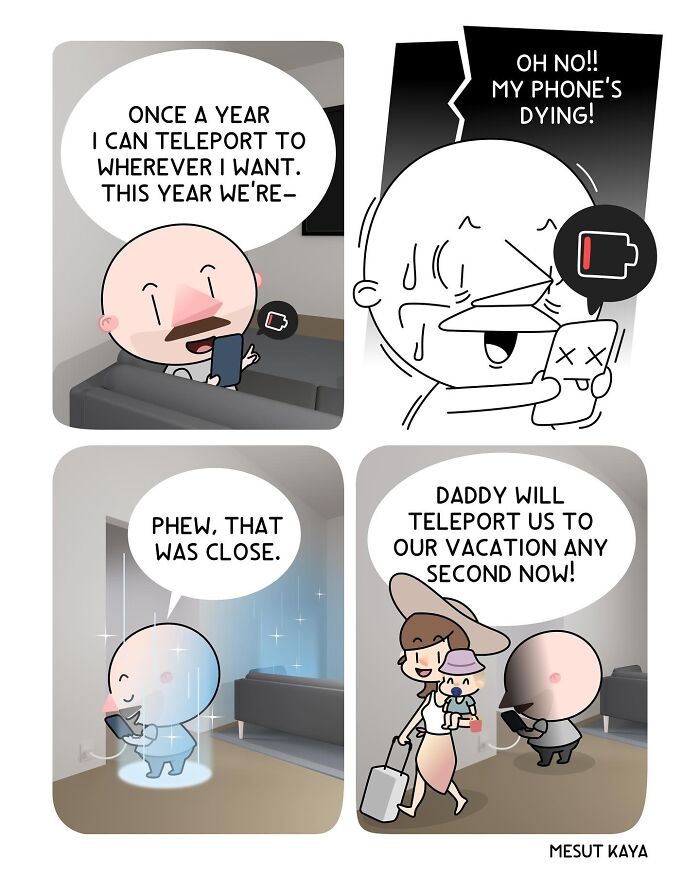 A silly comic by Mesut Kaya depicting a dad whose annual teleportation is almost ruined by a dying phone.