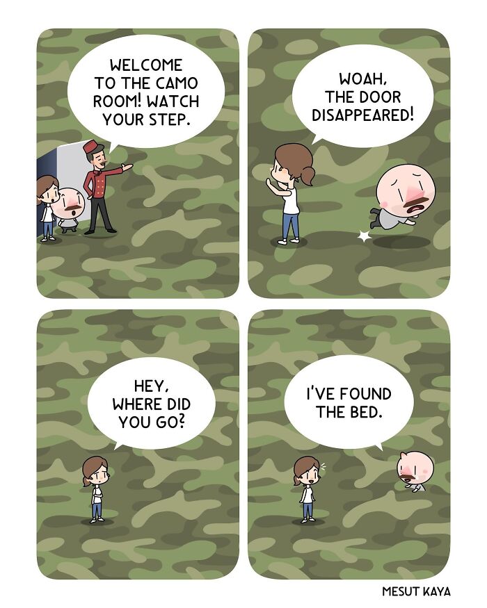 A silly comic by Mesut Kaya showing guests in a camouflage room, struggling to find a bed and a door.