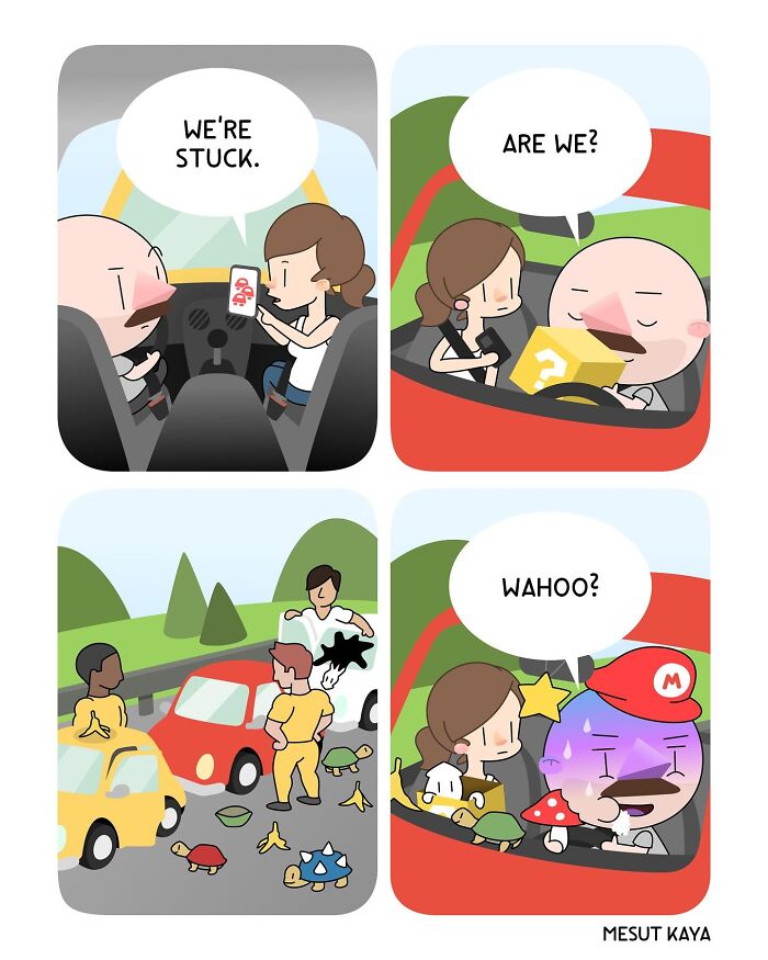 A silly comic by Mesut Kaya showing a couple stuck in traffic, transforming it into a Mario Kart race.