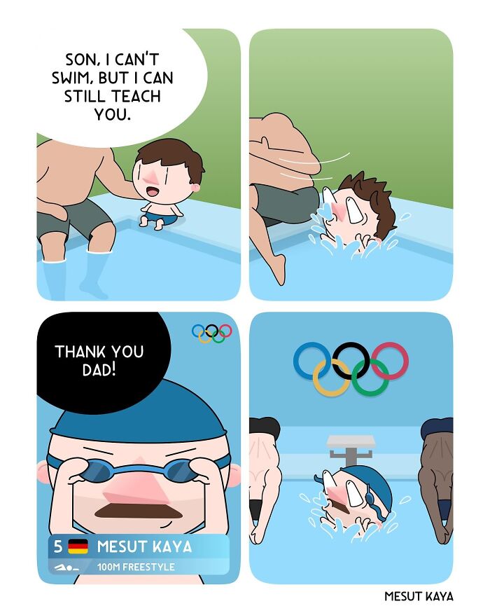 A silly comic by Mesut Kaya showing a dad teaching his son to swim, who later becomes an Olympic swimmer.