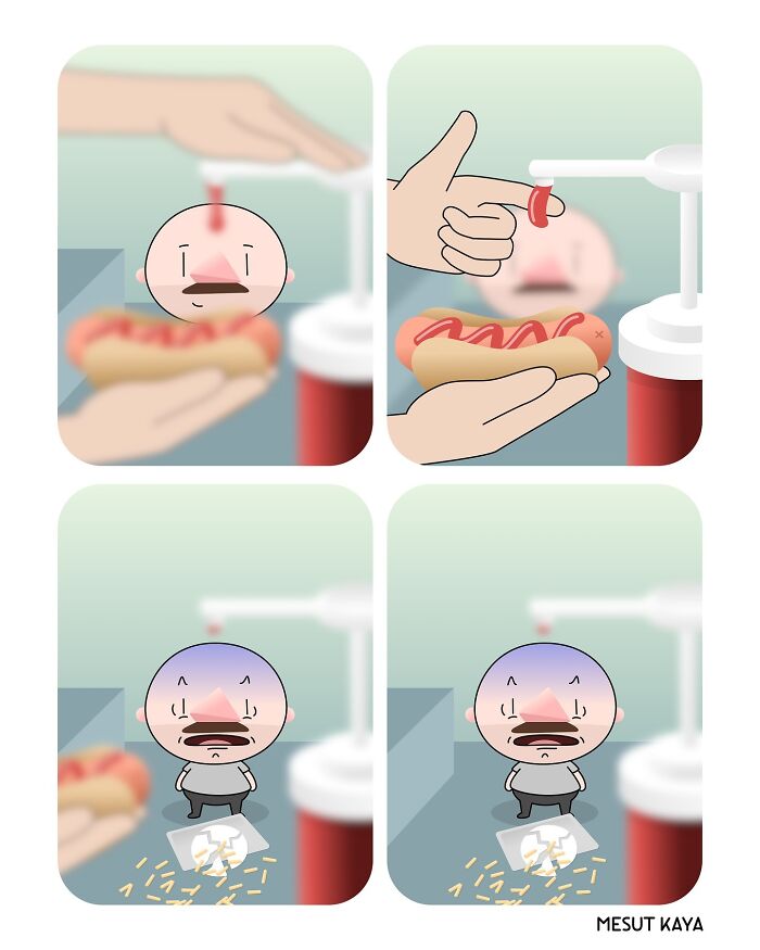 A silly comic on life showing a man struggling to put ketchup on a hot dog.