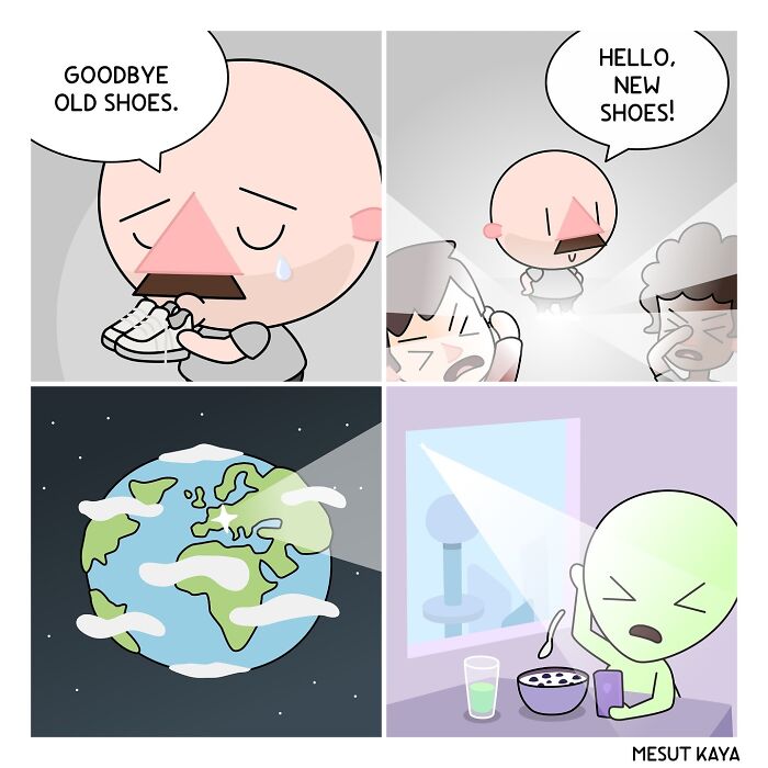 A silly comic on life depicting a man saying goodbye to old shoes and an alien reacting to light.