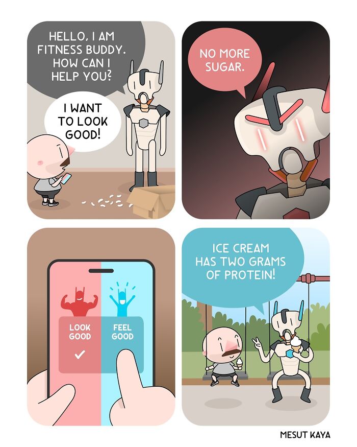 A silly comic on life showing a man choosing between looking good and feeling good with a fitness robot.