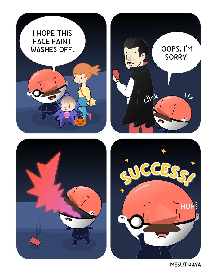 A silly comic by Mesut Kaya showing a man dressed as a Pokeball getting hit by a phone during trick-or-treating.