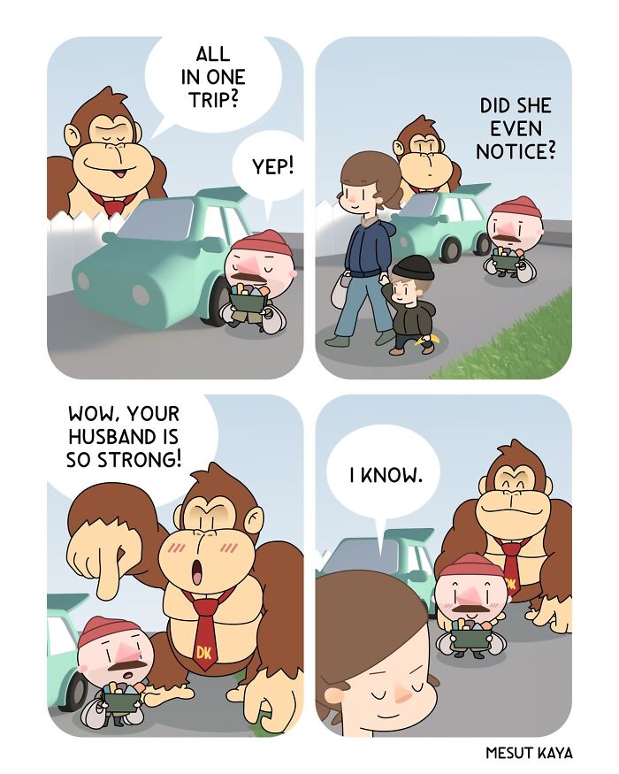 A silly comic by Mesut Kaya featuring a strong Donkey Kong helping a woman with her groceries and child.