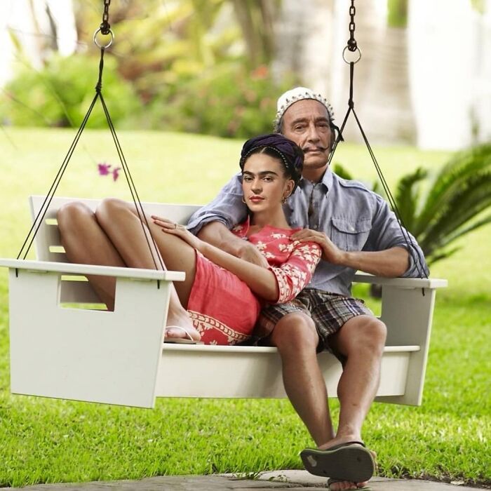 Digital artist blends famous movies and classical art, with Frida Kahlo and Salvador Dalí on a swing.