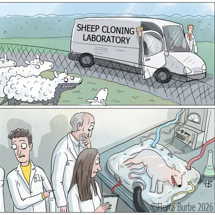 Herta Burbė comics and illustrations: a sheep cloning laboratory mishap.