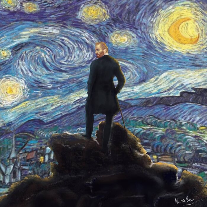 Digital artist blends famous movies and classical art, showing a man in The Starry Night landscape.