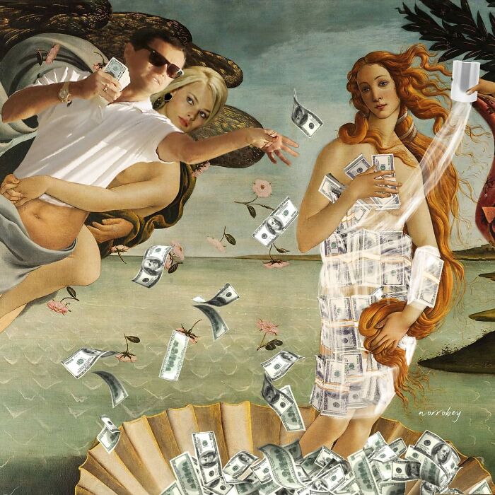 Digital artist blends famous movies and classical art, depicting The Birth of Venus with modern figures and falling money.