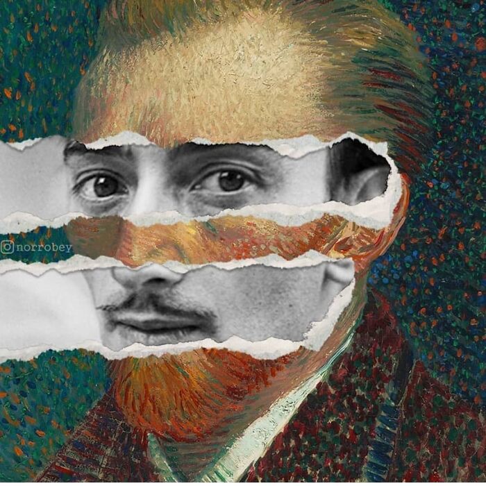 Digital artist blends famous movies with classical art, featuring a classic portrait ripped to reveal a black and white image.