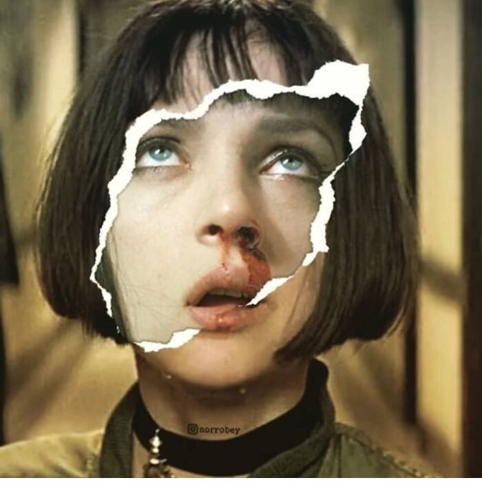 Digital artist blends famous movies with classical art, showing a woman with a bloody nose in a torn image.