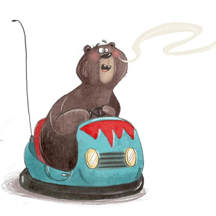 Illustrated character of a happy bear driving a bumper car, steam billowing, among lovable animals.
