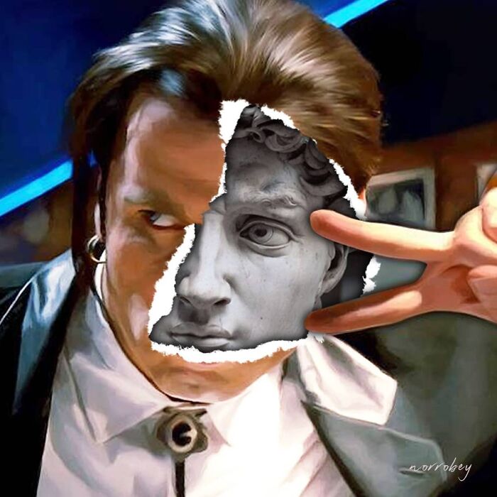 Digital artist blends famous movies with classical art, with a ripped image revealing a classical sculpture.