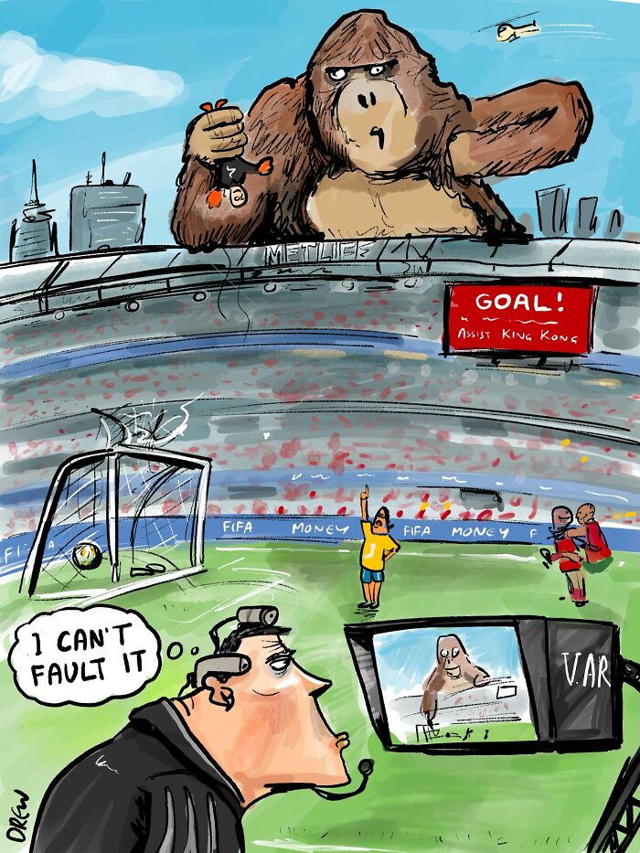 A surprisingly clever single-panel comic of King Kong scoring a goal in a soccer stadium.