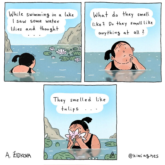 Funny comics of a person swimming in a lake, wondering what water lilies smell like, then discovering they smell like tulips.