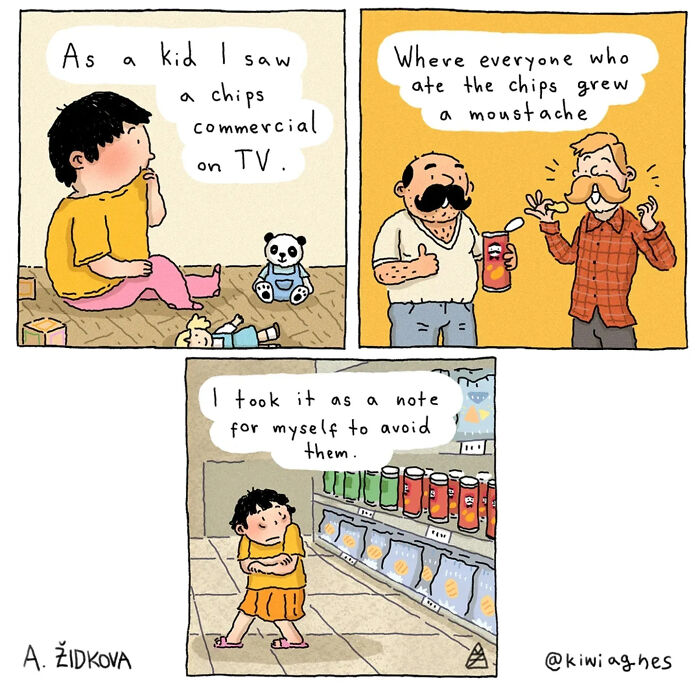 Funny comics depict a child avoiding chips after a commercial implied they cause mustaches.