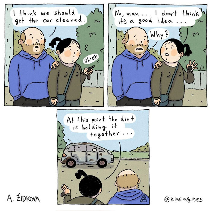 A couple discussing cleaning their car, then showing a very dirty car held together by dirt. Funny comics.