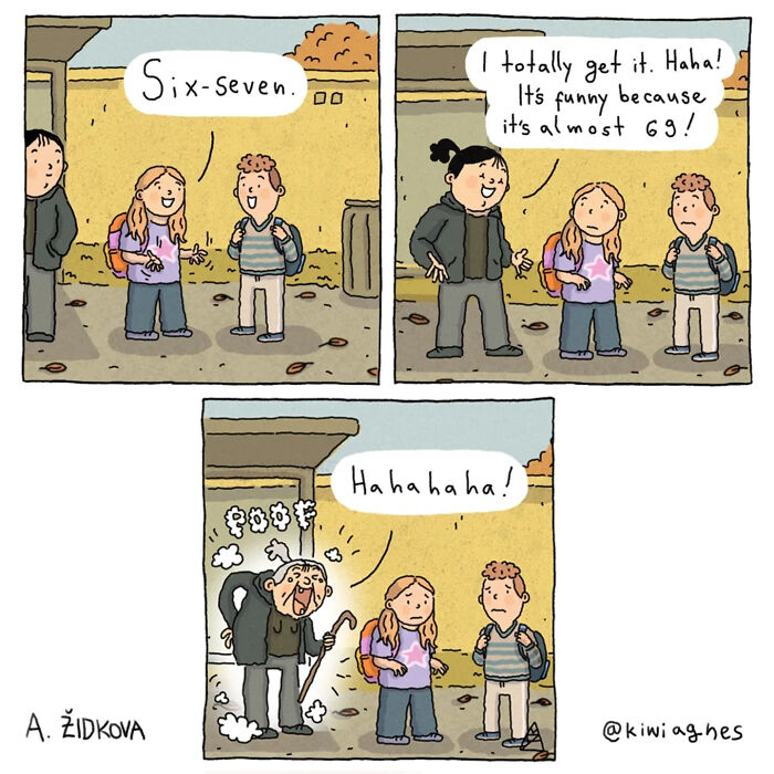 Two kids discussing the number 67, then an old woman laughing at them. Funny comics.
