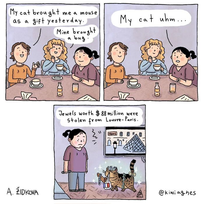 Three women discussing cat gifts, then a cat stealing jewels from the Louvre in a funny comic.