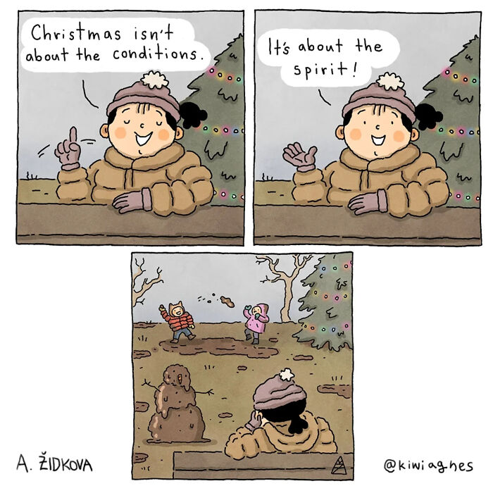 A girl in a winter coat explaining Christmas spirit, then two kids playing in mud next to a melting snowman. Funny comics.