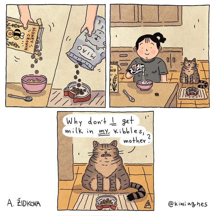 A funny comic showing a person preparing cereal and cat food, with the cat asking for milk in its kibbles.