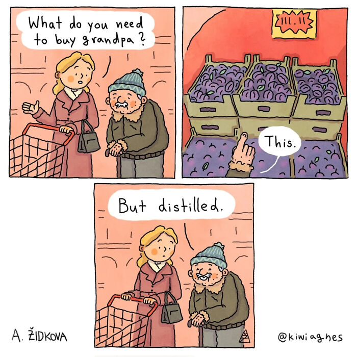 A funny comic where a woman asks her grandpa what he needs, and he points to plums, then says 'but distilled'.