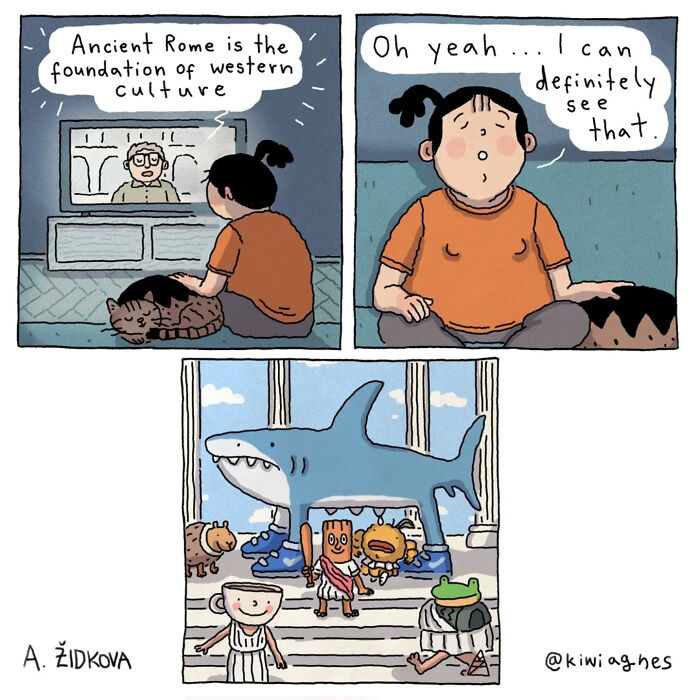 A funny comic with a person watching TV about Ancient Rome and a shark dressed as a Roman.