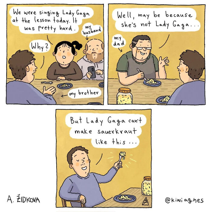 A funny comic about a family discussing singing Lady Gaga and making sauerkraut.