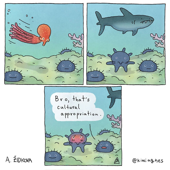 A funny comic showing an octopus telling a shark that wearing coral is cultural appropriation.