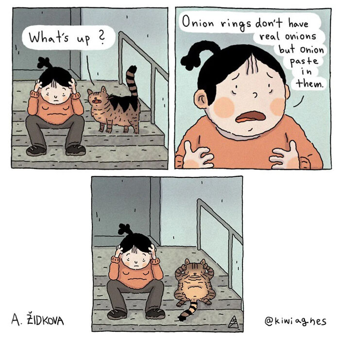 A funny comic strip showing a person and a cat, discovering onion rings are made of onion paste.