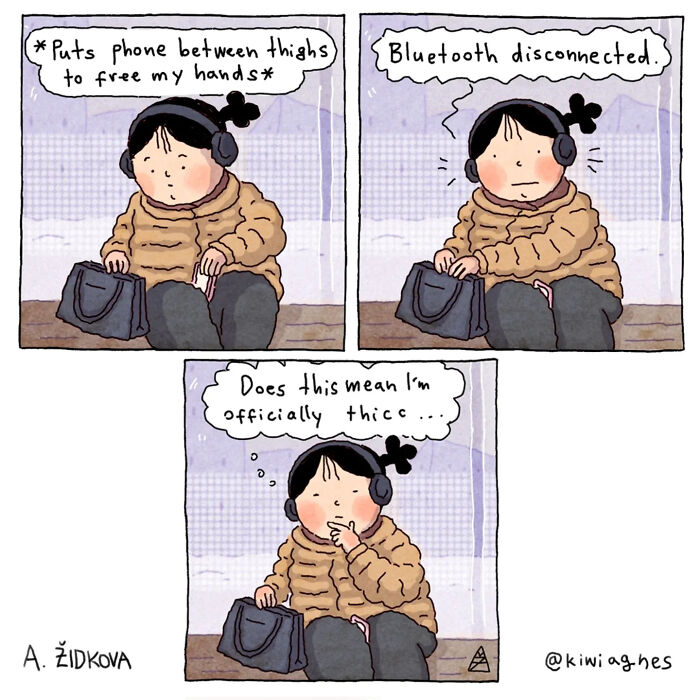 A funny comic strip about a person with headphones, a phone between thighs, and Bluetooth disconnecting.
