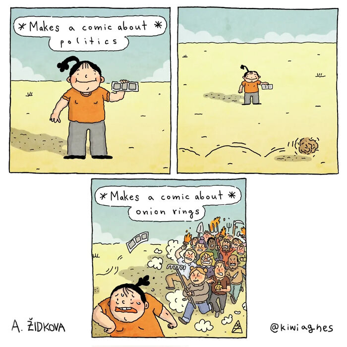 A funny comic strip contrasting reactions to comics about politics versus onion rings.