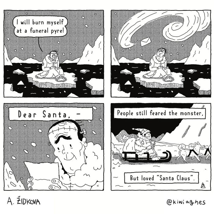 A funny comic strip depicting a person on an ice floe, writing a letter to Santa, and Santa on a sleigh.